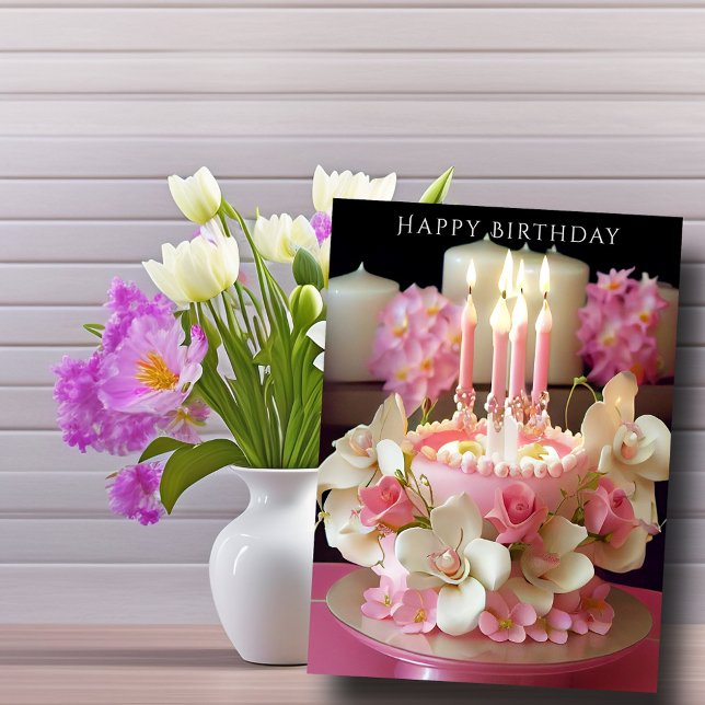 Birthday Cake  Pink Candles Lovely Flowers Card (Creator Uploaded)