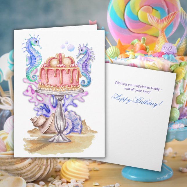 Birthday Cake Watercolor Seahorse Card (Creator Uploaded)
