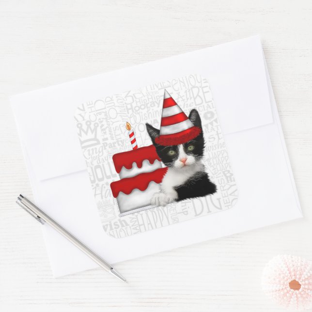 Birthday Cake with Black and White Kitten Square Sticker (Envelope)