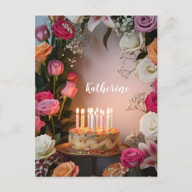 Birthday Cake with Lit Candles and Custom Name Postcard (Front)