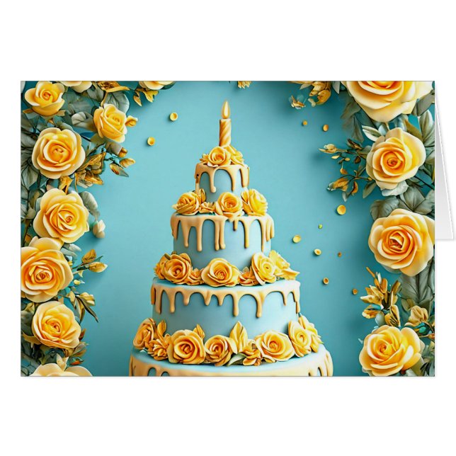 Birthday Cake Yellow Roses Celebration Card (Front Horizontal)