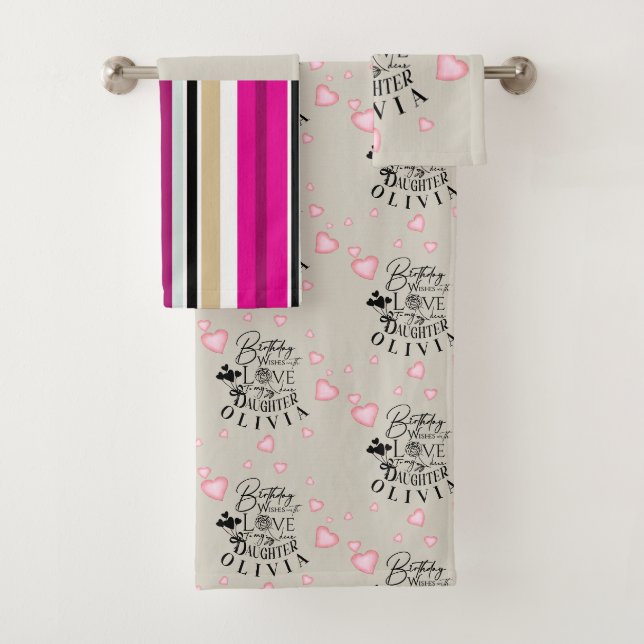 Birthday Calligraphy Custom Name Minimalist Hearts Bath Towel Set (Insitu)