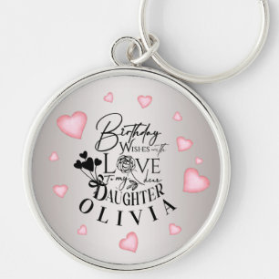 Birthday Calligraphy Custom Name Minimalist Hearts Key Ring