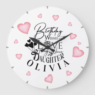 Birthday Calligraphy Custom Name Minimalist Hearts Large Clock