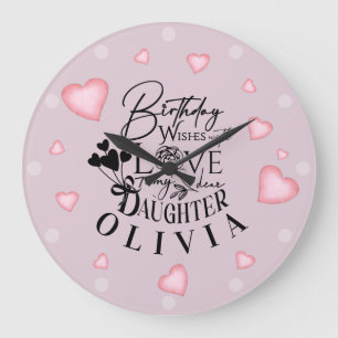 Birthday Calligraphy Custom Name Minimalist Hearts Large Clock