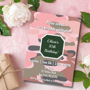 Birthday Camouflage Pink Green Cute Girl  Invitation