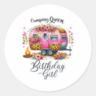 Birthday Camping Queen Camp Pink Floral Van Birthd Classic Round Sticker