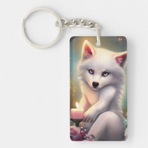 Birthday Candle Adorable White Baby Fox Key Ring