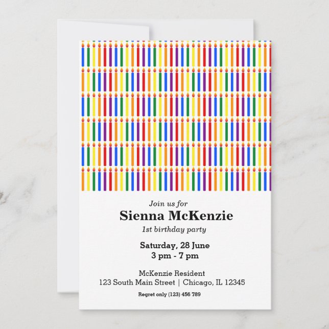 Birthday candles rainbow invitation (Front)