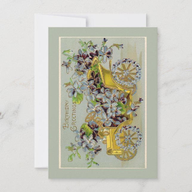 Birthday Car and Flowers Vintage Greeting Card (Front)