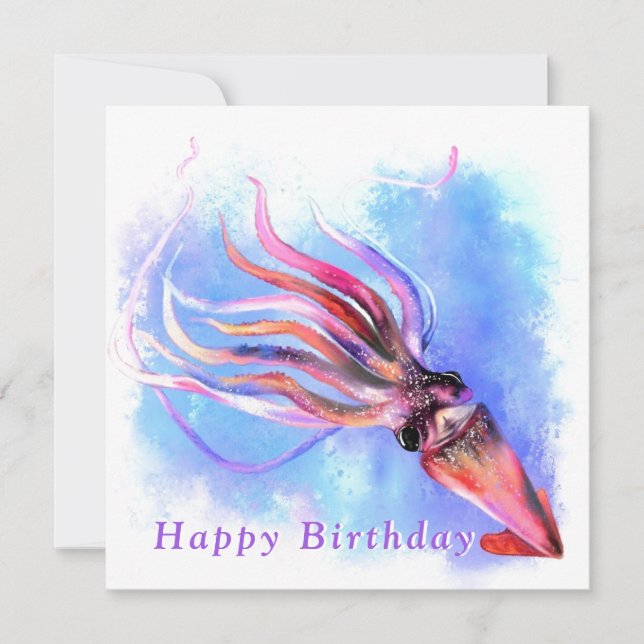 Birthday Card Beautiful Colours Squid Swimming (Front)