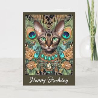 Birthday Card | Bengal Cat Tiger Peacock Feathers