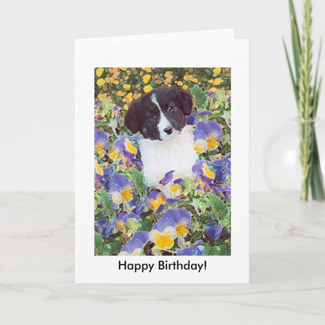 birthday card - Border Collie Pup and Flowers (Front)