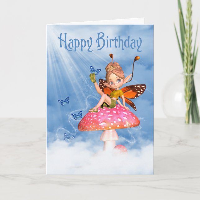 Birthday Card - Cute Fairy On A Mushroom (Front)