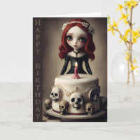 birthday card cute goth rock emo girl, cake, skull