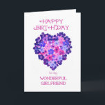 Birthday Card for a Girlfriend - Flower Power<br><div class="desc">A pretty and romantic Birthday Card for a Girlfriend, with a heart made of pink and blue flowers, from a handpainted paper collage by Judy Adamson. If you would like the front cover text changed in any way (eg a different age, person or language), please contact me through my store...</div>