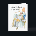 Birthday Card for a Grandfather<br><div class="desc">A Birthday Card for a Grandfather,  with a man relaxing with his newspaper and his cat and dog,  from a watercolour illustration by Judy Adamson. Please feel free to edit or delete the inside text and request and changes to the front cover text through my store.</div>