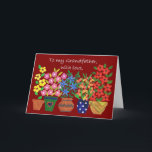 Birthday Card for a Grandfather - Flower Power<br><div class="desc">A Birthday card for a Grandfather,  with a row of colourful pots of flowers,  from a handpainted,  paper collage by Judy Adamson. Please contact me through my store if you would like the front cover text changed and please feel free to personalise the inside yourself.</div>