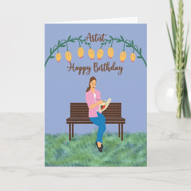 Birthday Card for an Artist Girl on Bench Painting (Front)