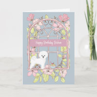 Birthday Card for Bichon Dog. Floral Window
