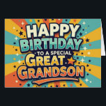 Birthday Card for Great Grandson Bold Retro Style<br><div class="desc">Make your great-grandson's birthday extra exciting with this bold and colourful retro-style card! Featuring dynamic text, vibrant starburst rays, and celebratory stars, this design brings big birthday energy to the party. Personalise the inside with your own message or photo to turn this keepsake into something he'll remember long after the...</div>