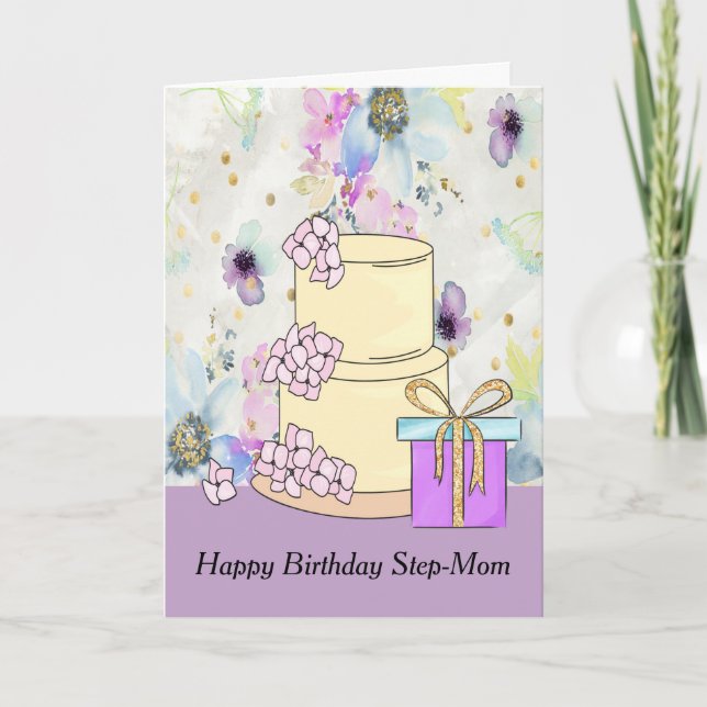 Birthday Card for Step-Mum with Cake & Present (Front)