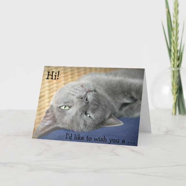 Birthday Card: Gray Cat wishes a Happy Birthday! Card (Front)