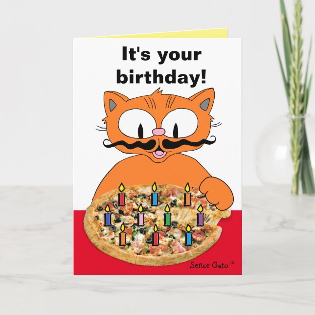 Birthday Card Humourous Moustache Cat Pizza Party (Front)