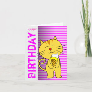 Birthday Card Ice Cream Cone Cat Pink