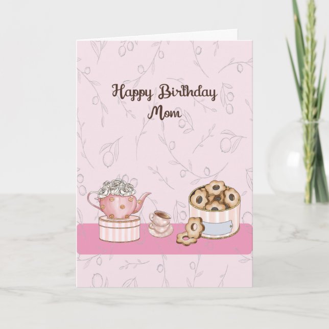 Birthday Card in Pink for Mum with Tea & Crumpets (Front)