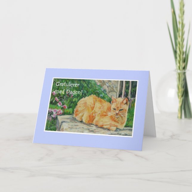 Birthday Card, Norwegian Greeting, Ginger Cat Card (Front)