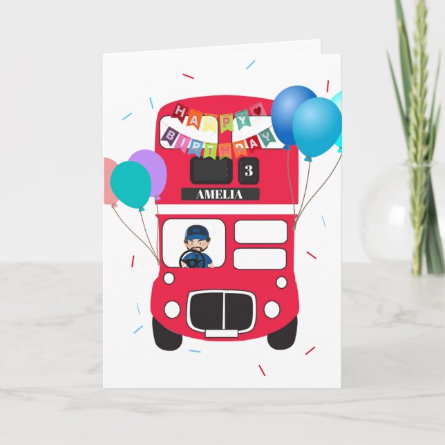 Birthday Card - Personalised Big Red Bus (Front)