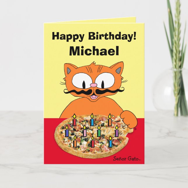 Birthday Card Personalised Pizza Party Cat (Front)