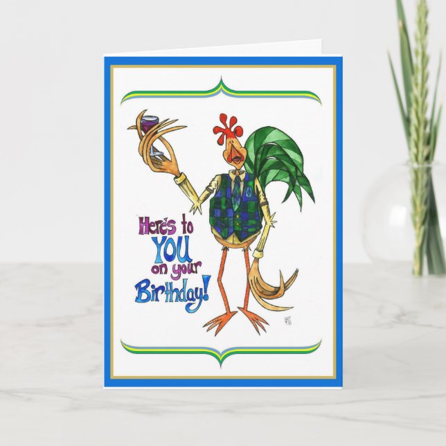 Birthday Card Rooster Illustration Wine Glass (Front)