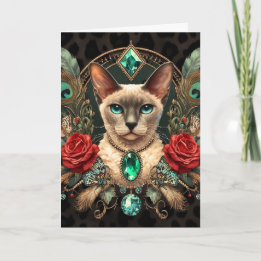 Birthday Card Siamese Cornish Rex Floral Vintage