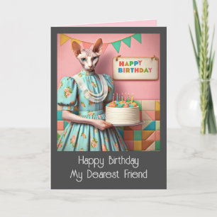 Birthday Card   Sphynx Cat Lady with Birthday Cake