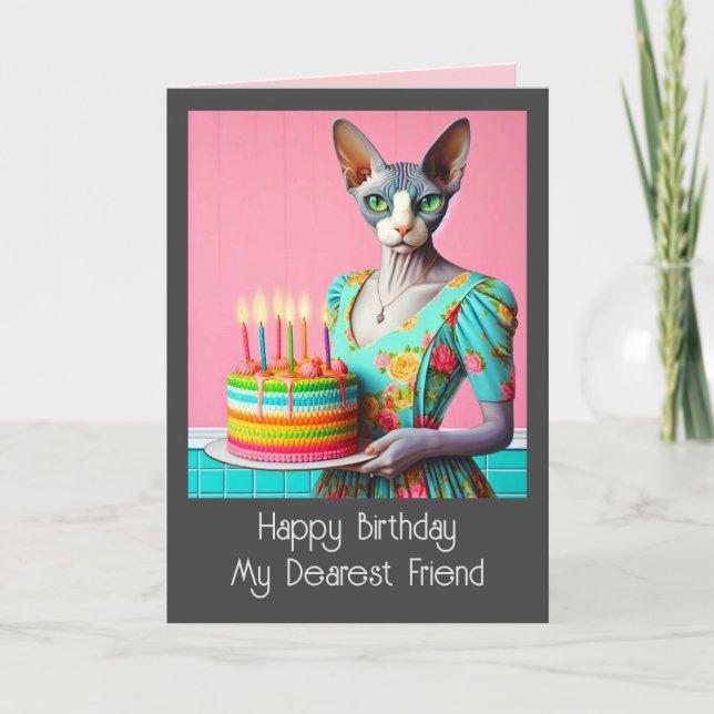 Birthday Card | Sphynx Cat Lady with Birthday Cake (Front)