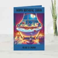 Birthday Card Vintage Roll Top Bath, Bubbles, Wine