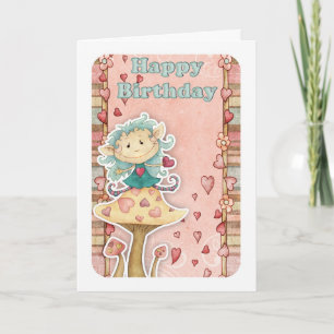 birthday card with cute little elf on mushroom