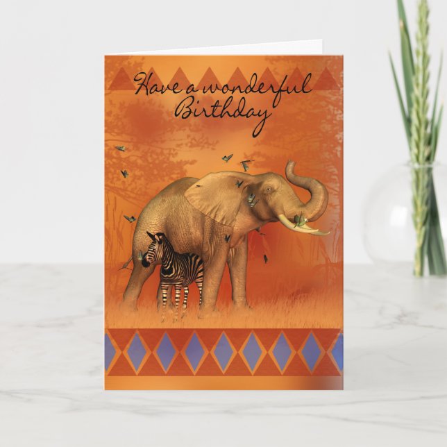 Birthday Card With Elephant Butterfly And Zebra (Front)
