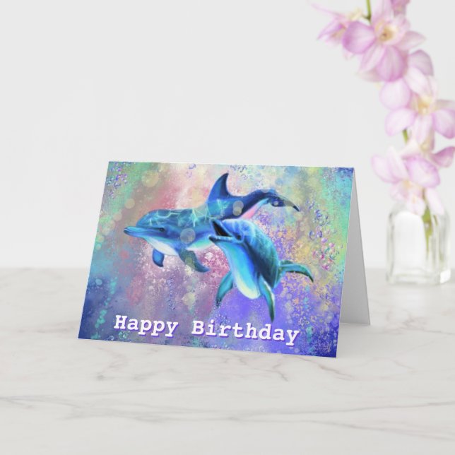 Birthday Card with Happy Dolphins Couple (Orchid)