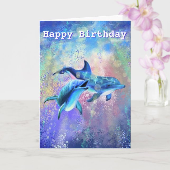 Birthday Card with Happy Dolphins Couple (Orchid)