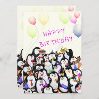 Birthday Card with Happy Penguins Party