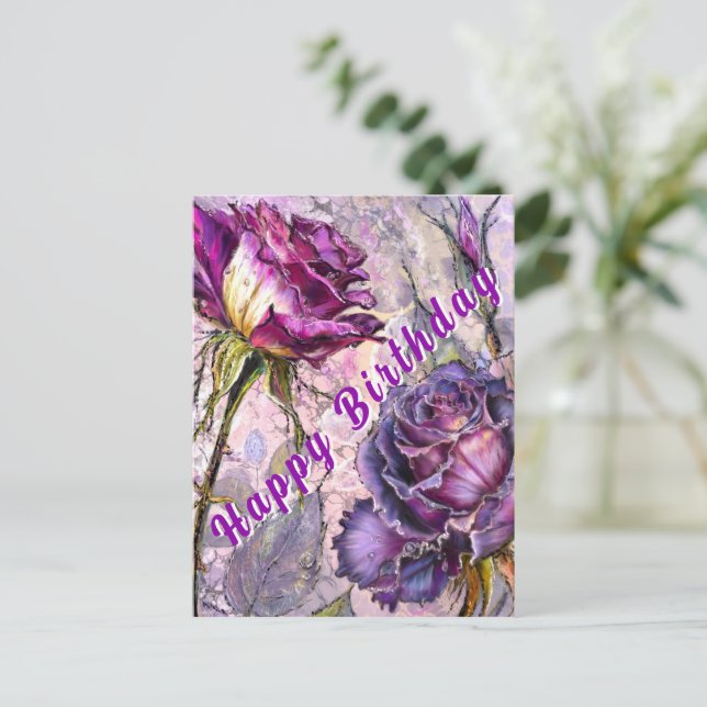 Birthday Card with Purple Roses (Standing Front)