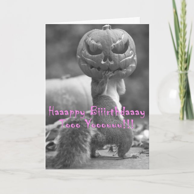 birthday card with squirrel wearing jack-o-lantern (Front)