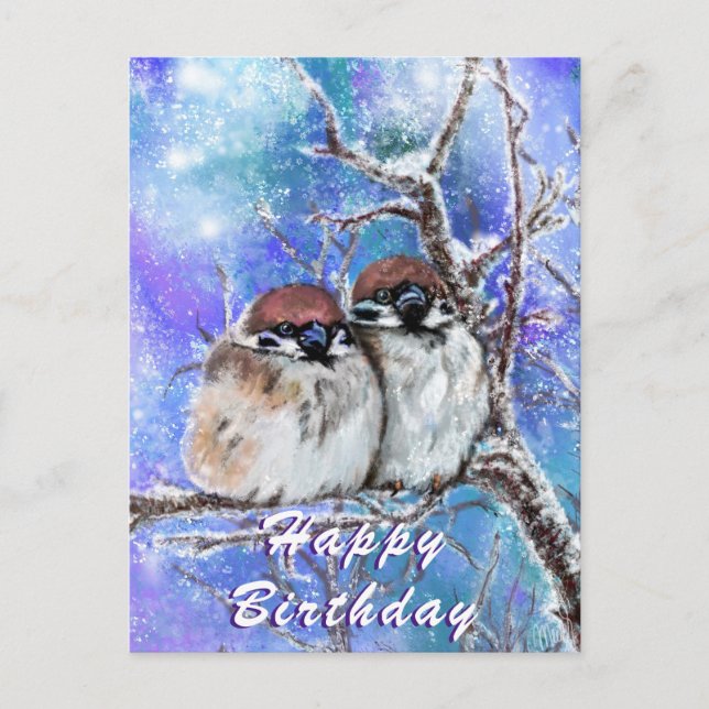 Birthday Card with Winter Sparrows - Hug (Front)