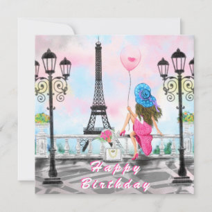Birthday Card with Woman In Paris Eiffel Tower