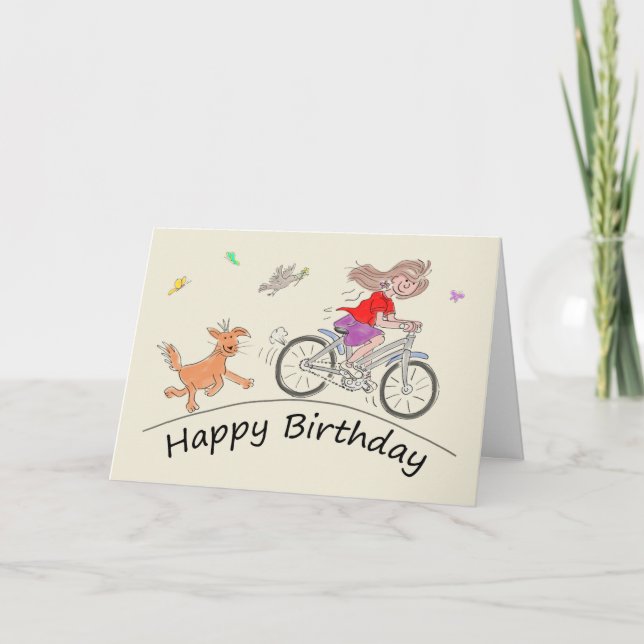 Birthday Cartoon Caricature of Female Riding Bike Card (Front)