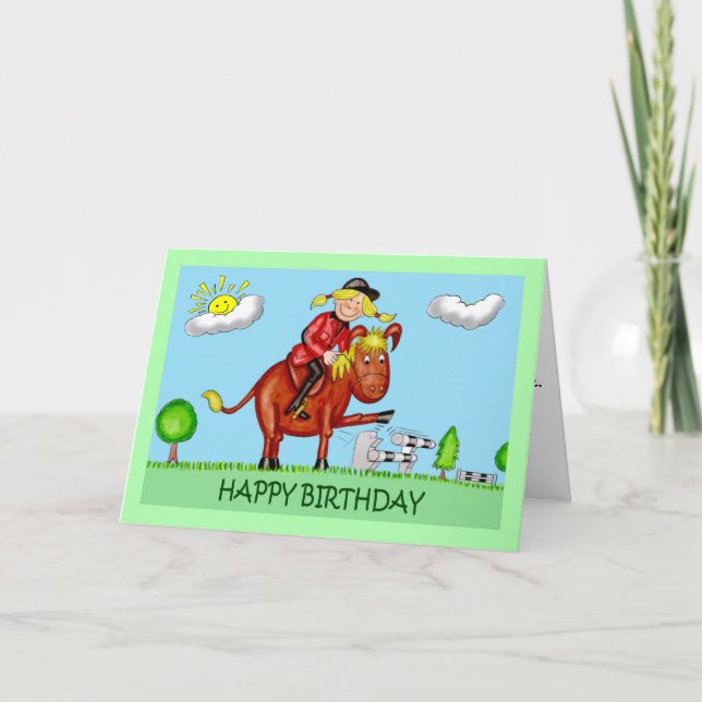 Birthday Cartoon Caricatures of Girl on Horse Card (Front)