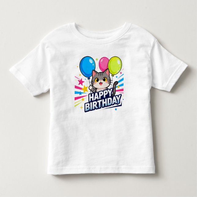 Birthday Cat Balloons – Cute Kawaii Happy Birthday Toddler T-Shirt (Front)